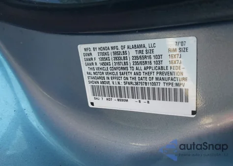 2007 Honda Odyssey Ex-L z USA, uszkodzony, nr VIN 5FNRL38797B110977